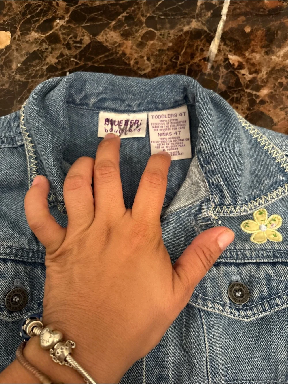 Blueberi Boulevard Light Blue Denim Jacket with Yellow Flower Accents